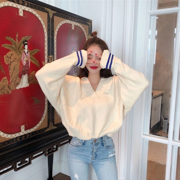 Tanee - Striped Trim Off Shoulder Quilt Knit Sweater - Picture 2 of 2